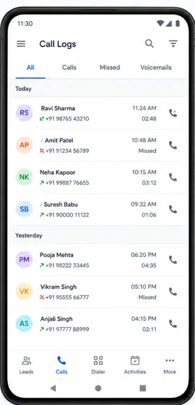 Cratio Android app — Call Logs screen with rep avatars, durations and call status